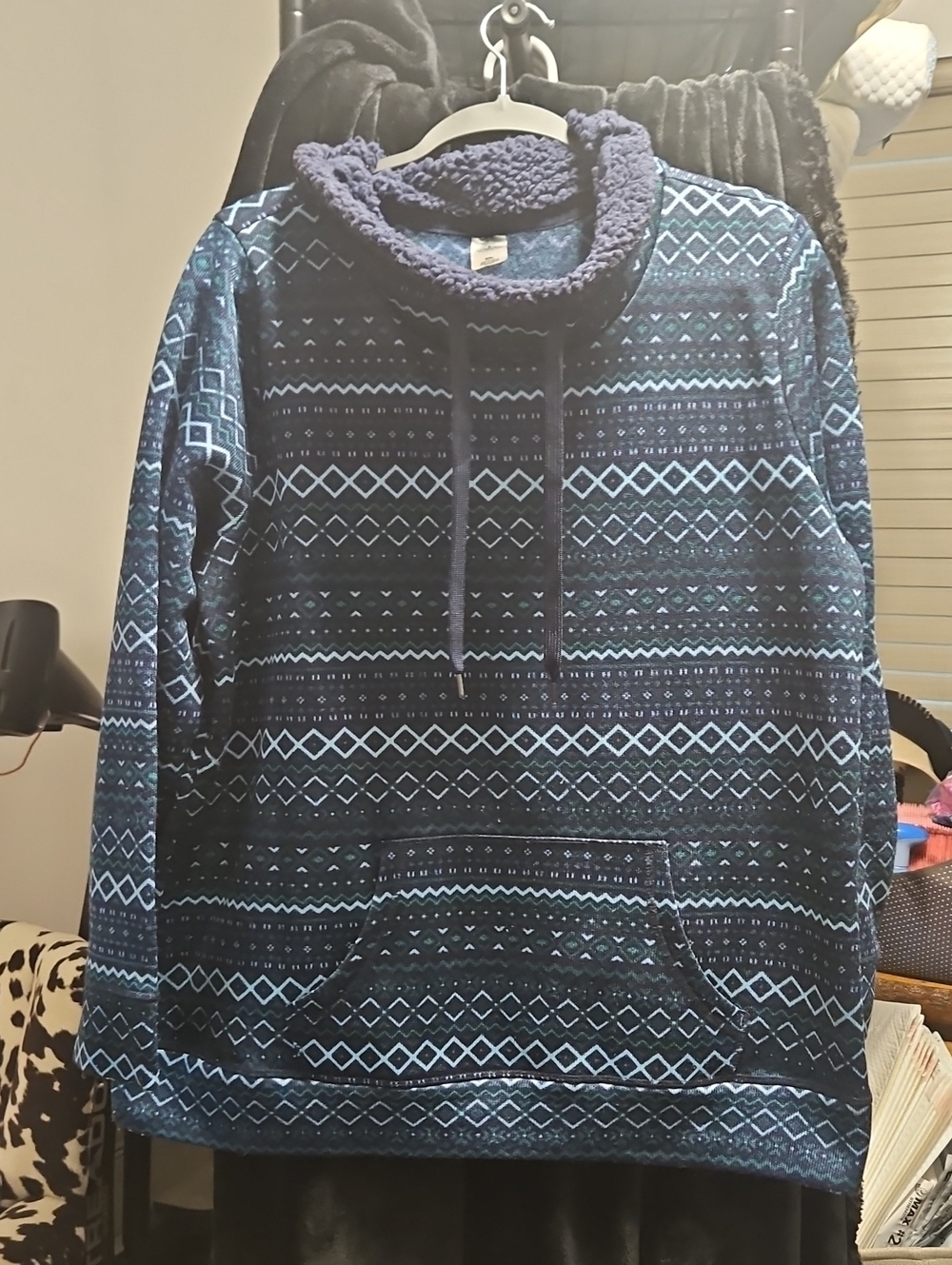St. John's Bay Navy and Light Blue Cowl-Neck Patterned Pullover